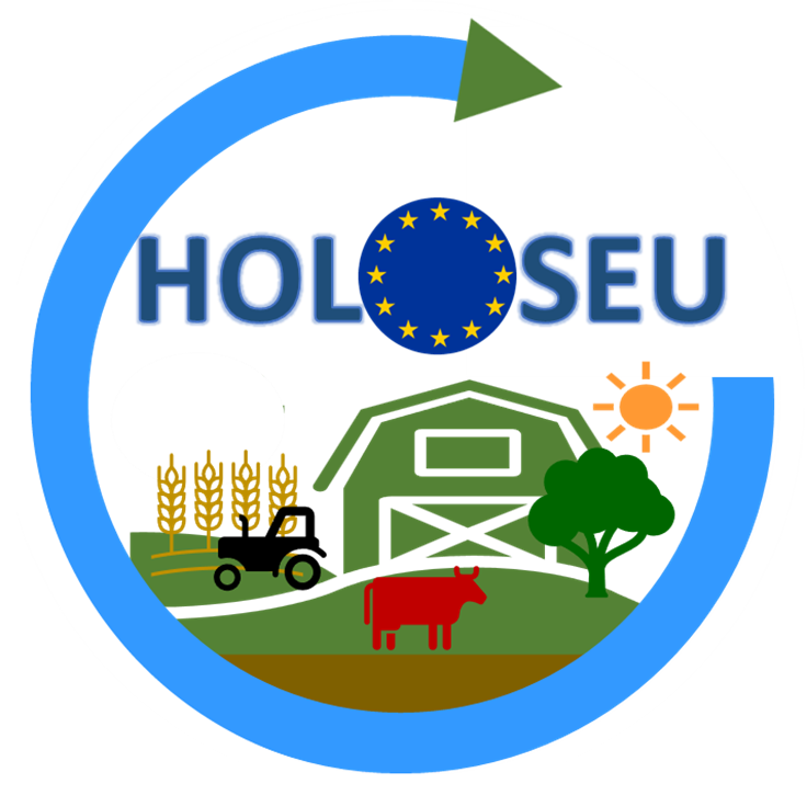 HOLOSEU logo featuring EU stars inside the letter O, circular blue arrow, and farm illustration with barn, crops, sun, tree, and livestock.