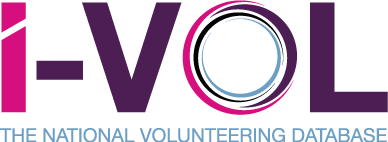 I-VOL logo featuring bold pink and purple lettering with a circular blue and grey emblem representing The National Volunteering Database.