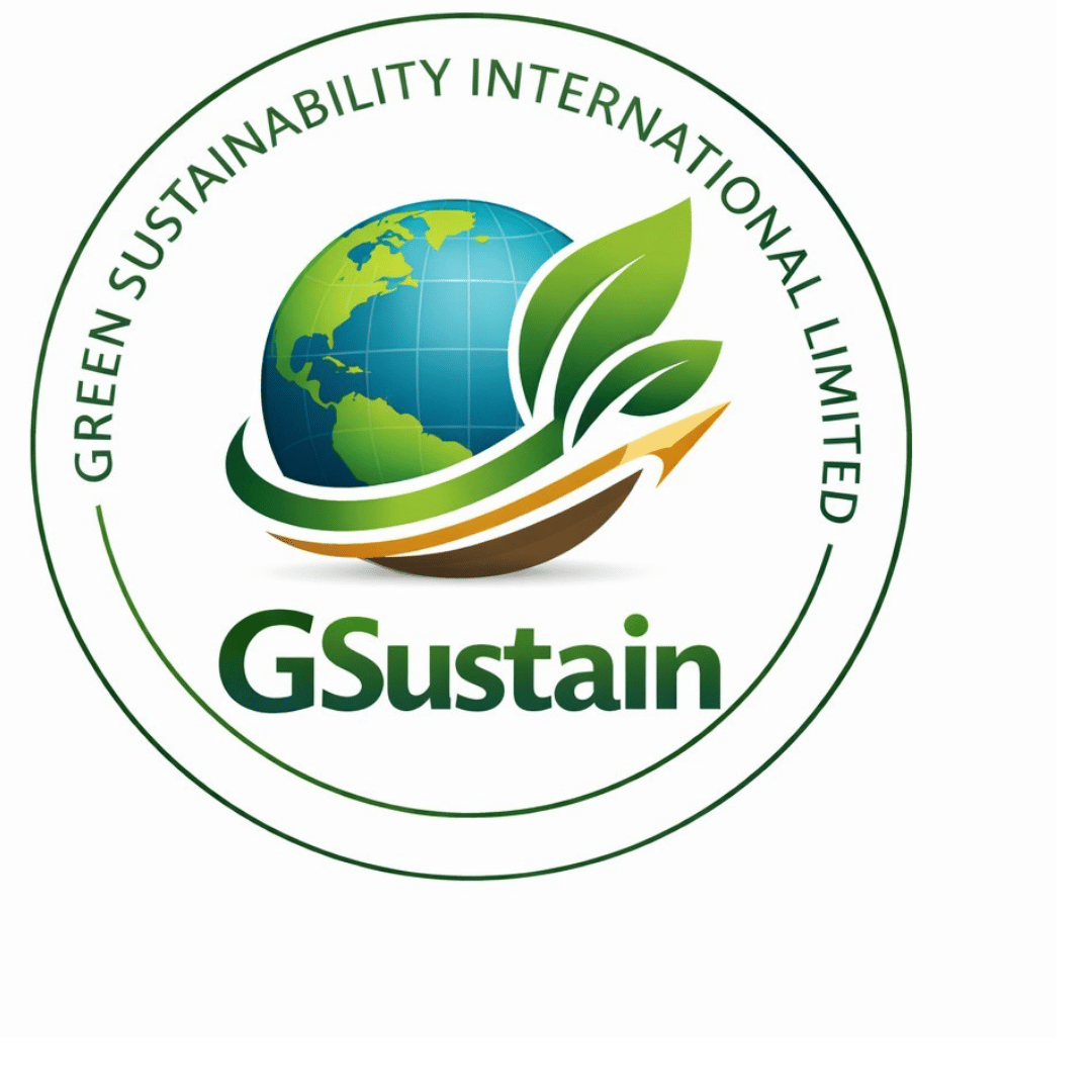 GSustain logo featuring a globe with green leaves and circular emblem for Green Sustainability International Limited.