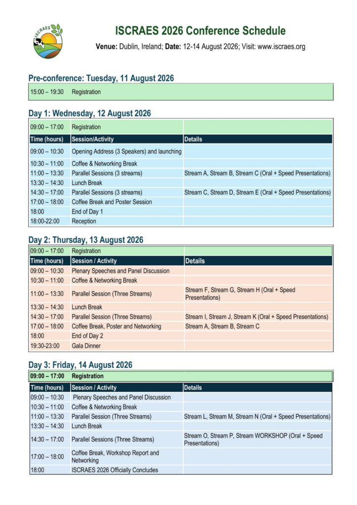 ISCRAES 2026 Conference Schedule in Dublin, 12–14 August 2026 showing daily sessions, plenary talks, parallel streams, and networking events