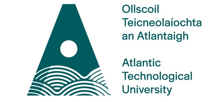 ATU logo: a teal triangular "A" shape with a white circle and wave patterns beneath, beside the wordmark "Ollscoil Teicneolaíochta an Atlantaigh – Atlantic Technological University" in teal.