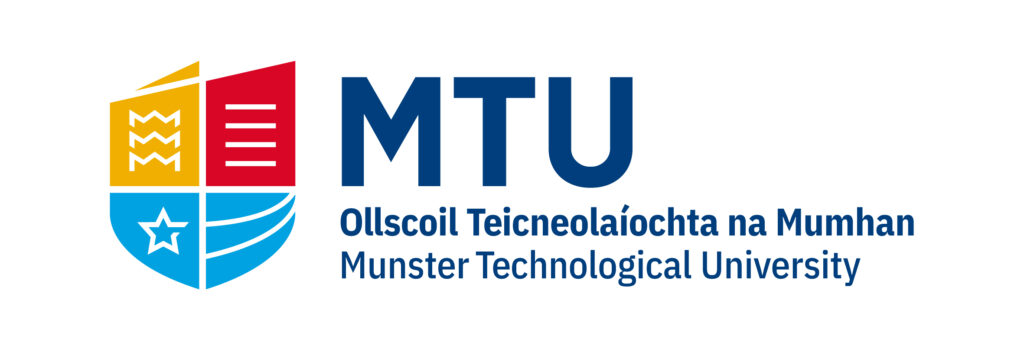 MTU shield crest in yellow, red, and blue, beside the wordmark 'MTU – Ollscoil Teicneolaíochta na Mumhan – Munster Technological University' in navy blue.