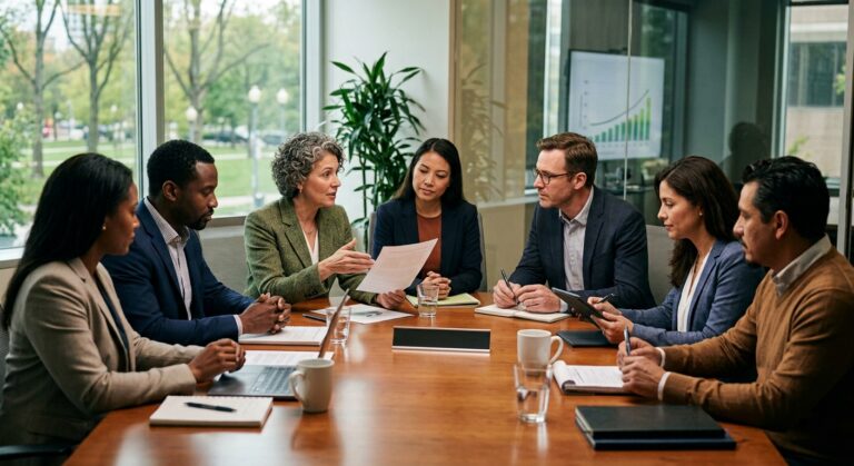 committee members holding a strategy meeting in a conference room