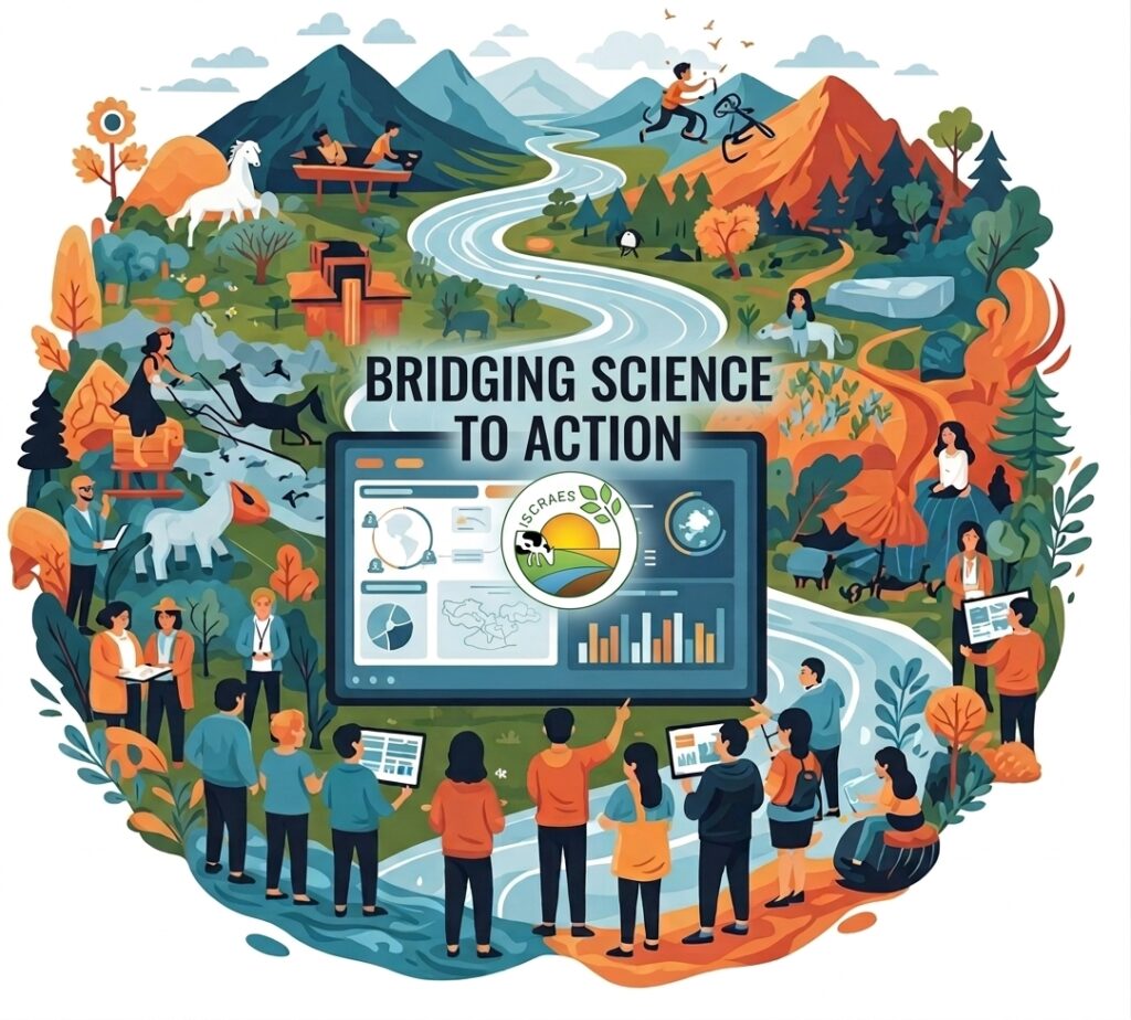 ISCRAES Bridging Science to Action conceptual illustration - Climate-smart agriculture data dashboard and ecosystem landscapes