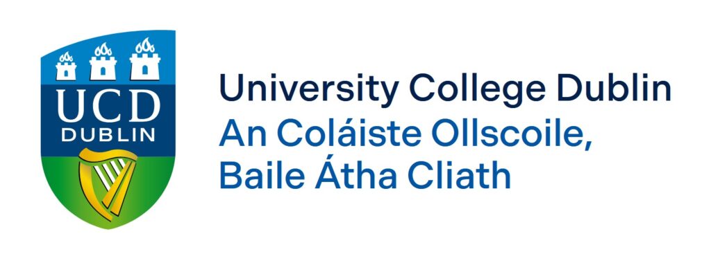 UCD shield crest in blue, navy, and green with three white castle towers and a gold harp, beside the wordmark "University College Dublin – An Coláiste Ollscoile, Baile Átha Cliath" in navy and blue